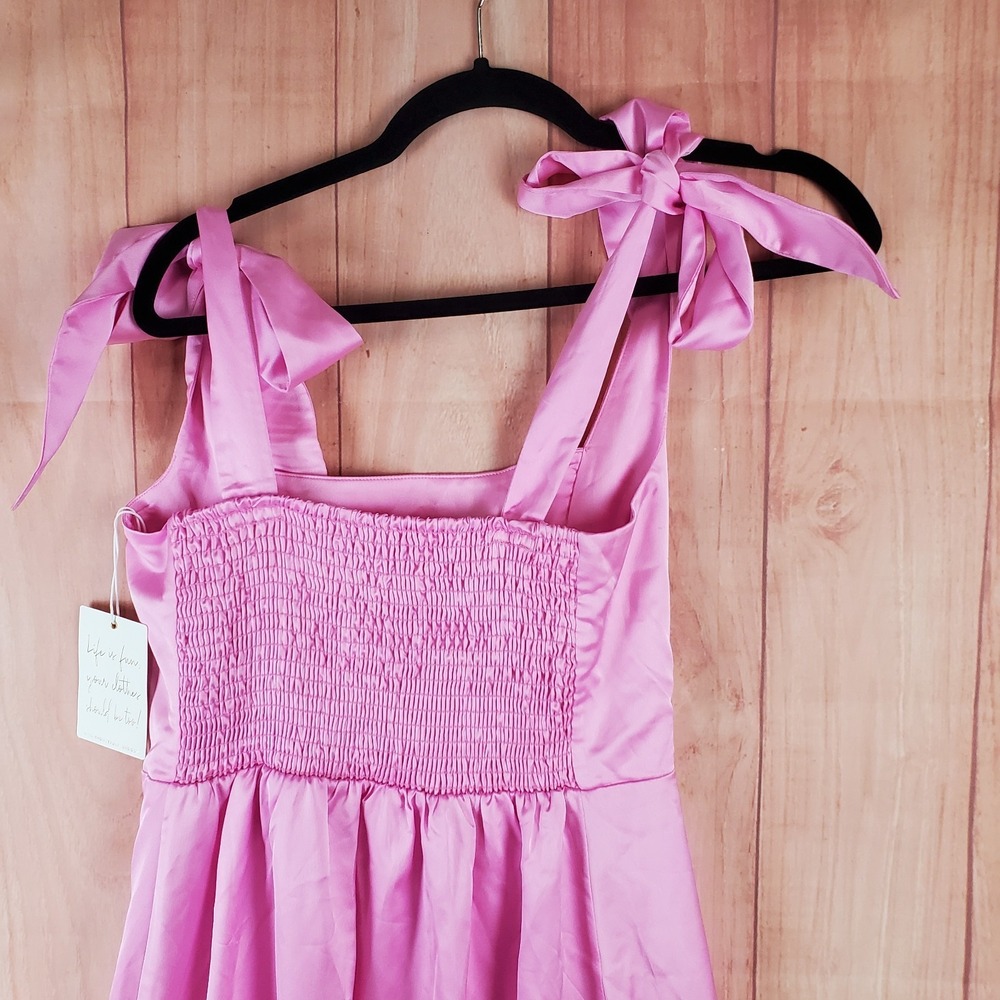 Show Me Your Mumu Midi A Line Dress Womens Medium Pink Satin Smocked Side Slit - Picture 7 of 10